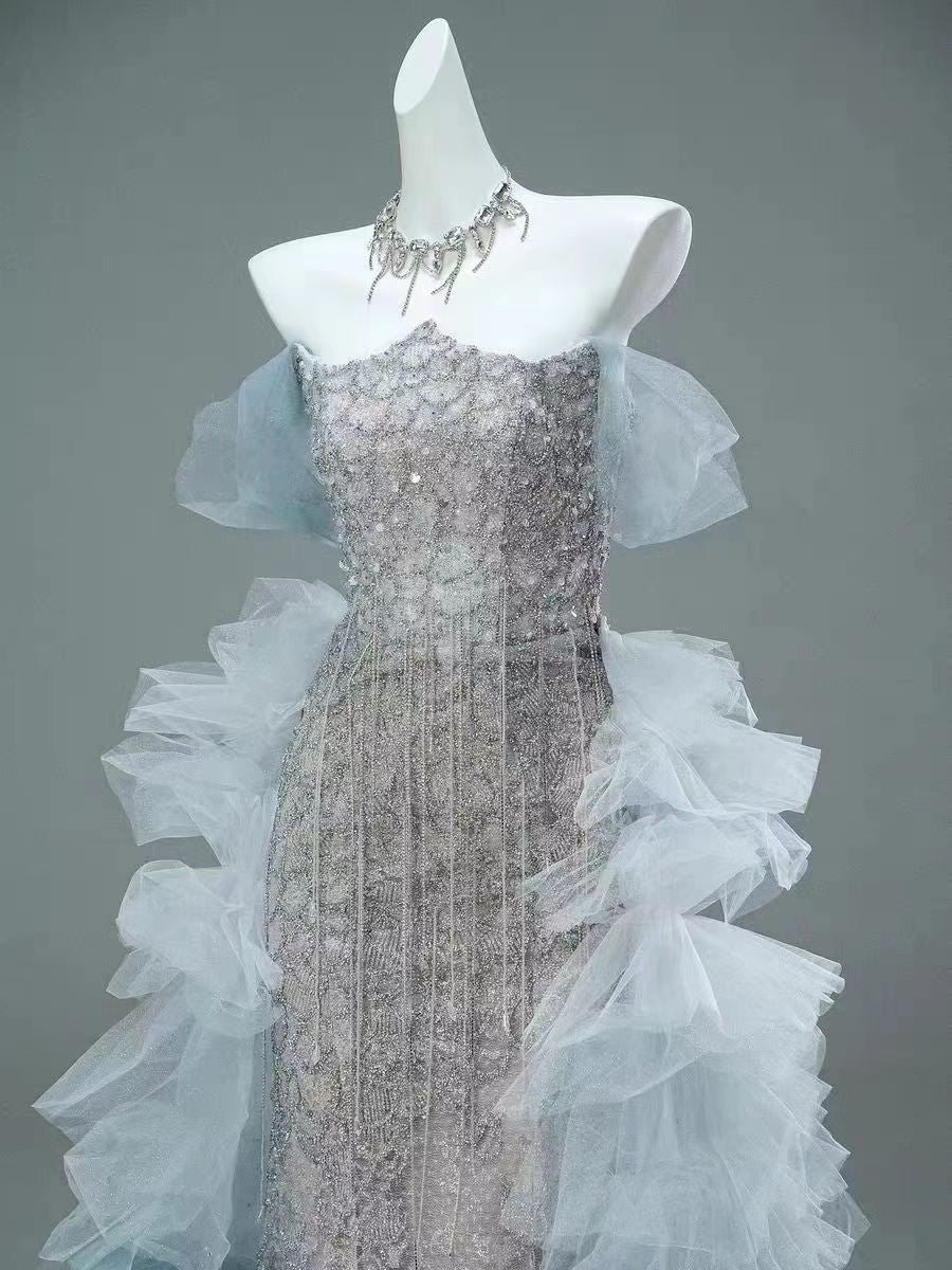 Silver and Blue Tulle Ruffle Evening Gown - Plus Size Whimsical Fairy Inspired Dress - WonderlandByLilian