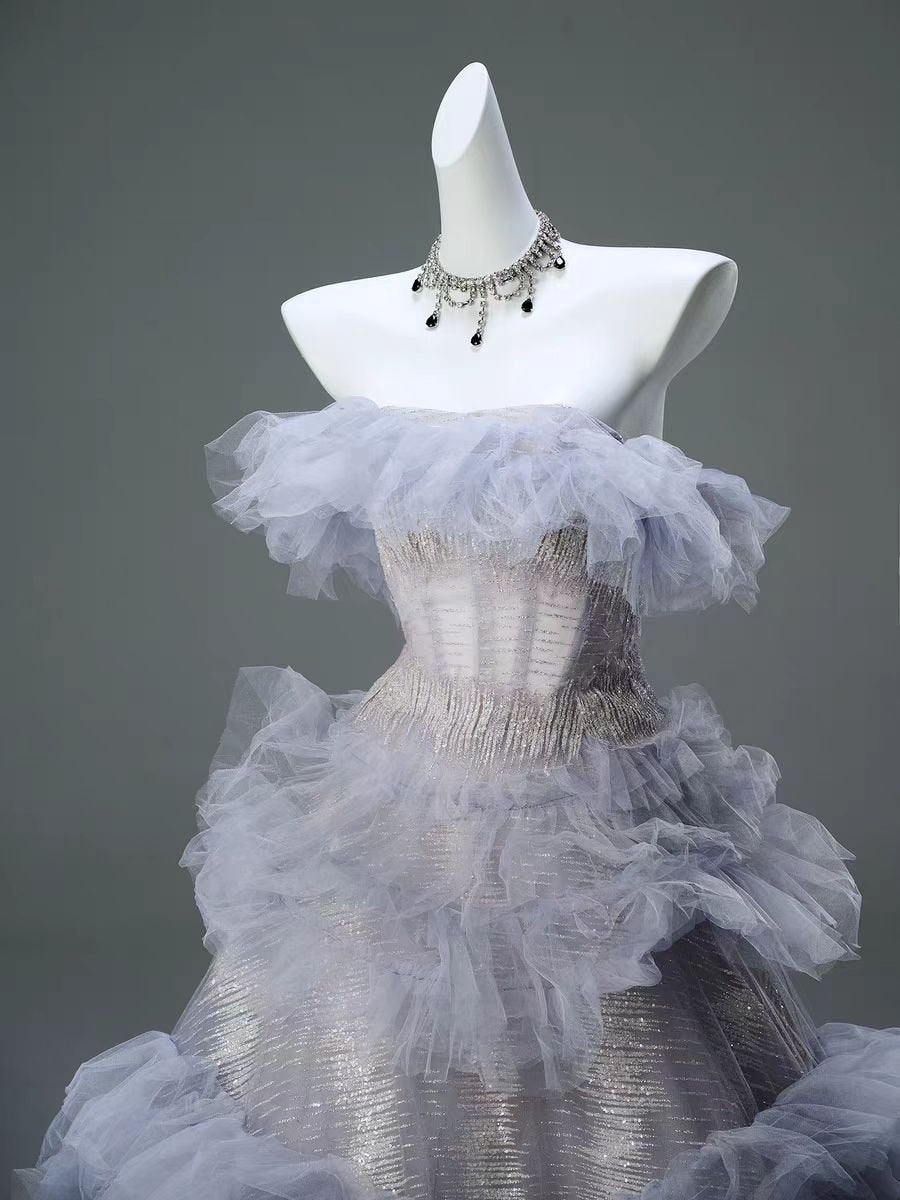 Silver and Gray - Purple Tulle Ruffle Evening Gown - Plus Size Whimsical Fairy Inspired Dress - WonderlandByLilian