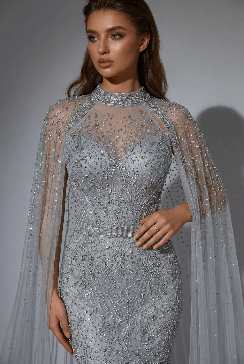 Silver Convertible Sequin Evening Gown with Cape Overlay – Silver Glitter Dress with Open Back Plus Size - WonderlandByLilian