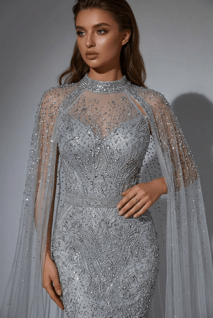 Silver Convertible Sequin Evening Gown with Cape Overlay – Silver Glitter Dress with Open Back Plus Size - WonderlandByLilian
