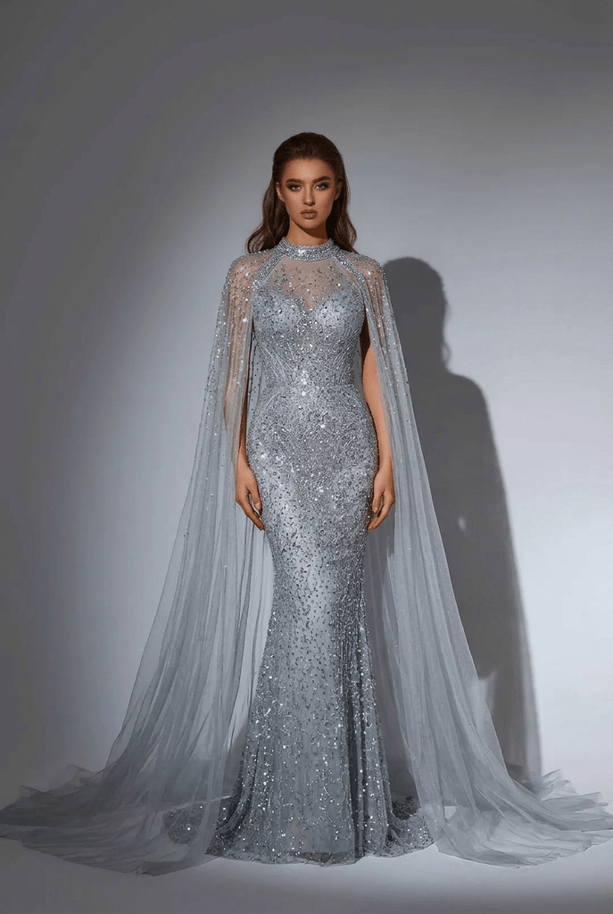 Silver Convertible Sequin Evening Gown with Cape Overlay – Silver Glitter Dress with Open Back Plus Size