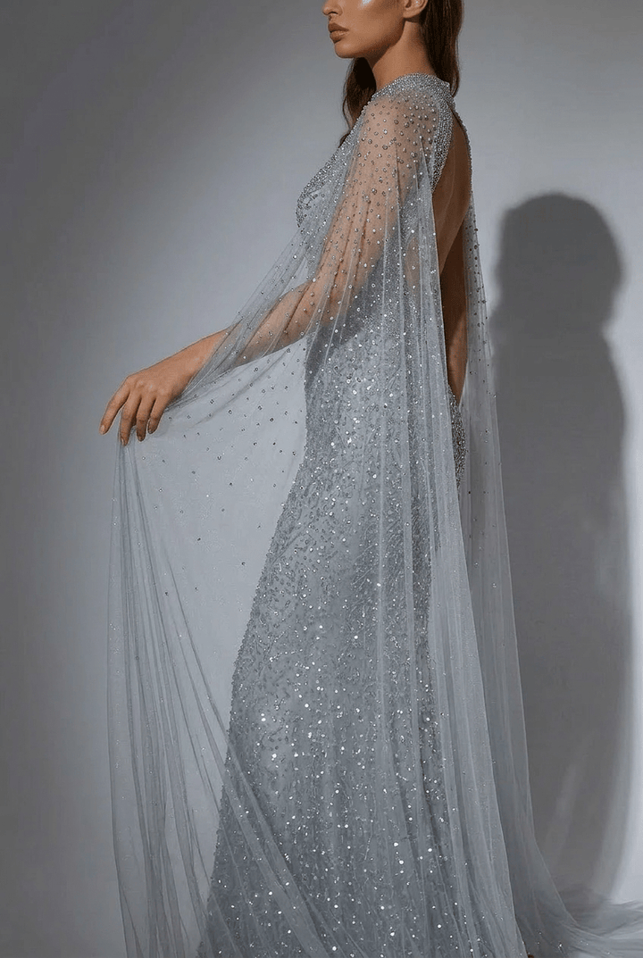 Silver Convertible Sequin Evening Gown with Cape Overlay – Silver Glitter Dress with Open Back Plus Size - WonderlandByLilian
