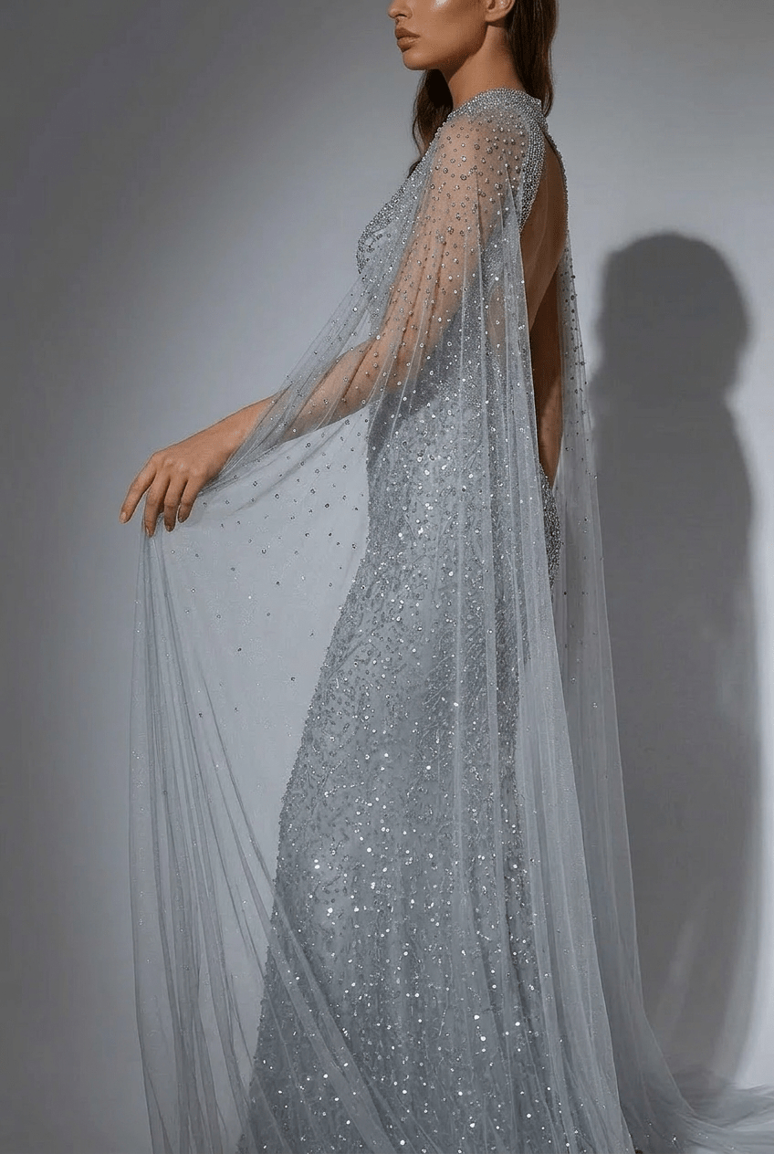 Silver Convertible Sequin Evening Gown with Cape Overlay – Silver Glitter Dress with Open Back Plus Size Size 6 / Silver