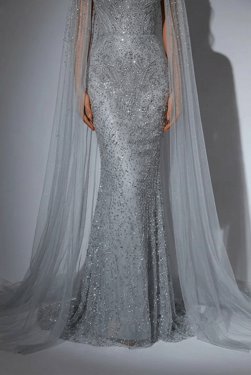 Silver Convertible Sequin Evening Gown with Cape Overlay – Silver Glitter Dress with Open Back Plus Size - WonderlandByLilian