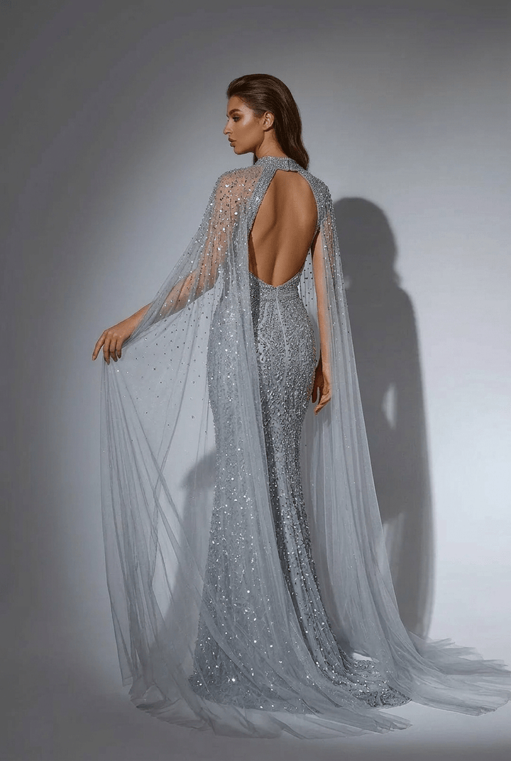 Silver Convertible Sequin Evening Gown with Cape Overlay – Silver Glitter Dress with Open Back Plus Size - WonderlandByLilian