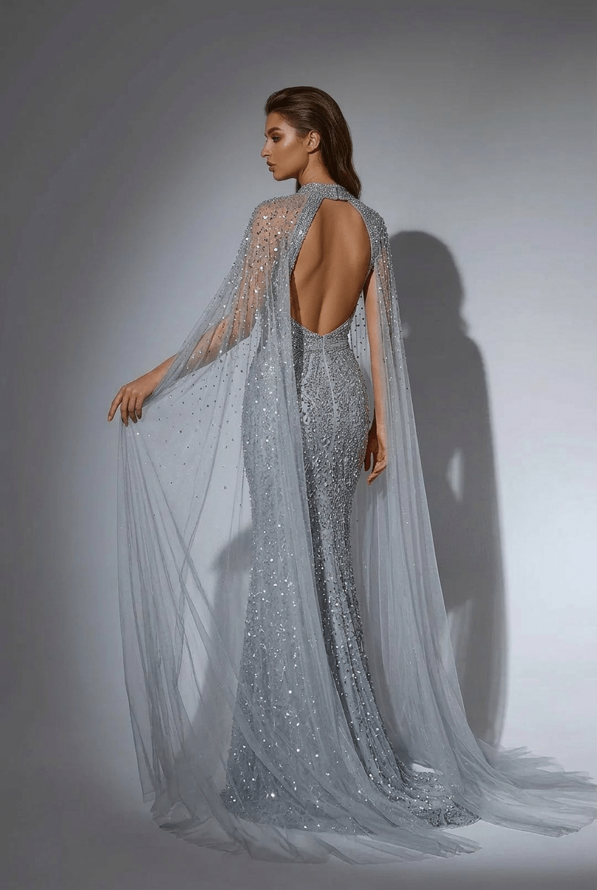 Silver Convertible Sequin Evening Gown with Cape Overlay – Silver Glitter Dress with Open Back Plus Size Size 6 / Silver