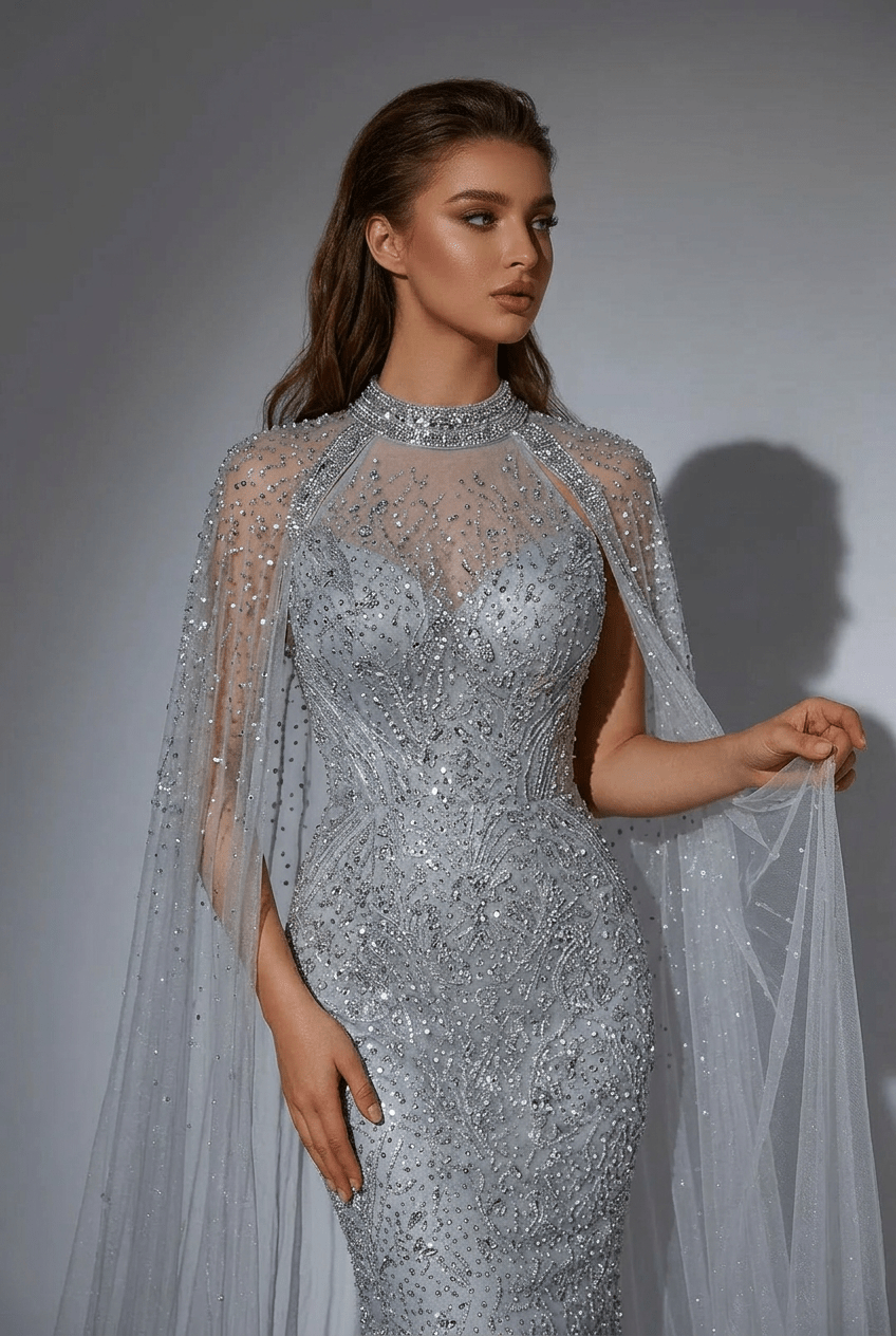 Silver Convertible Sequin Evening Gown with Cape Overlay – Silver Glitter Dress with Open Back Plus Size - WonderlandByLilian