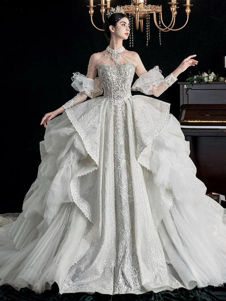 Silver Fairy Princess Wedding Dress with Puffy Sleeves - Corset Wedding Dress with Long Train and Lace Plus Size - WonderlandByLilian