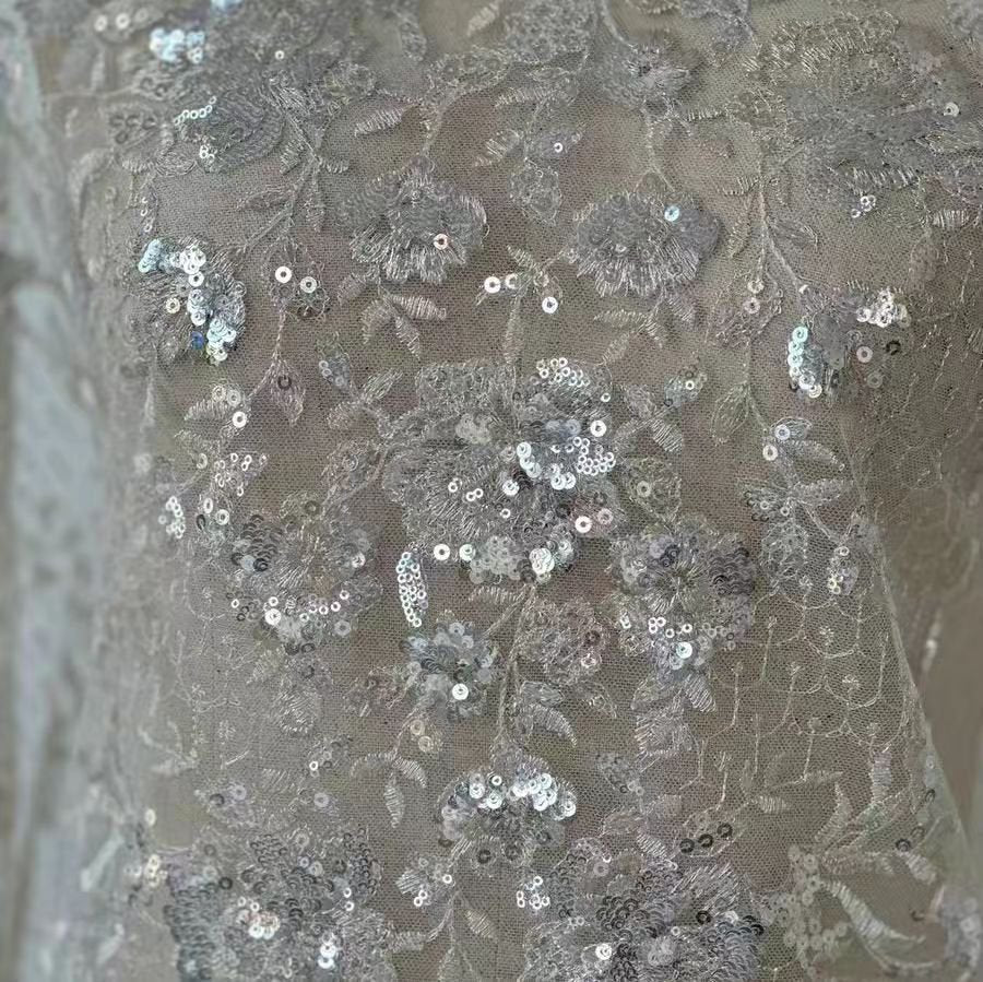 Silver Floral Sequined Lace Fabric - WonderlandByLilian