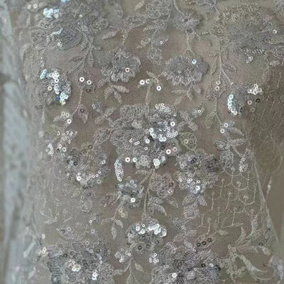 Silver Floral Sequined Lace Fabric - WonderlandByLilian