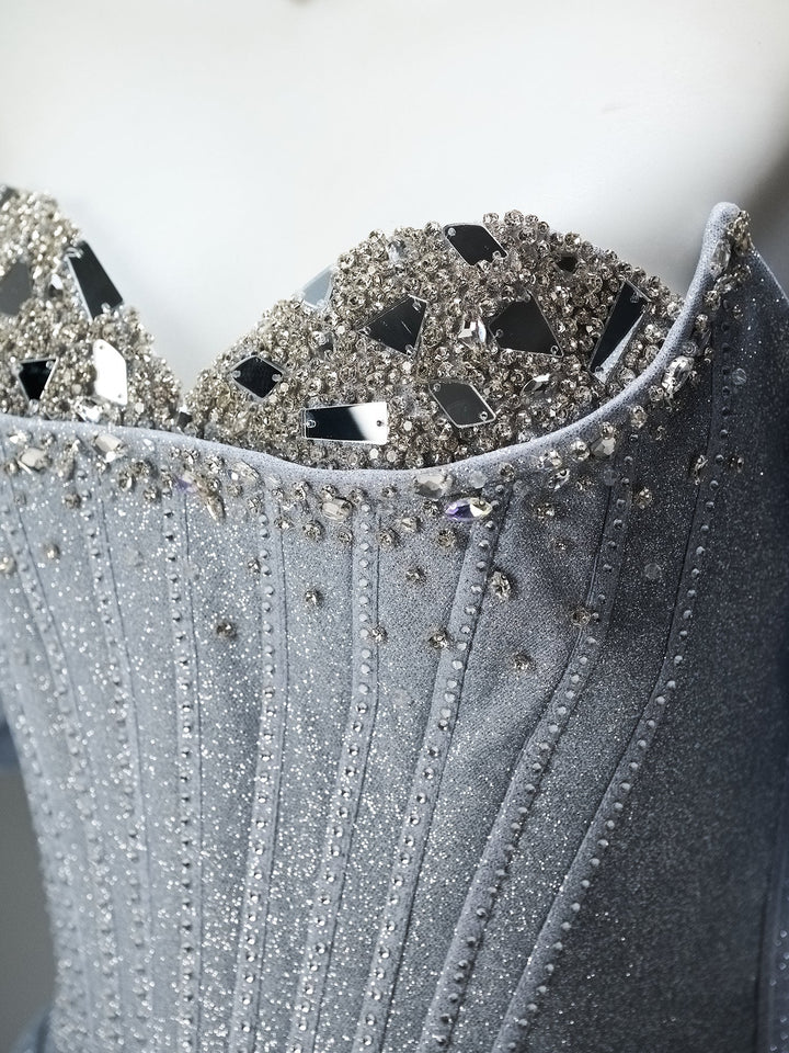 Silver Glitter Off - Shoulder Evening Dress with Corset Bodice – Designer Sequin Gown with Sweetheart NecklinePlus Size - WonderlandByLilian