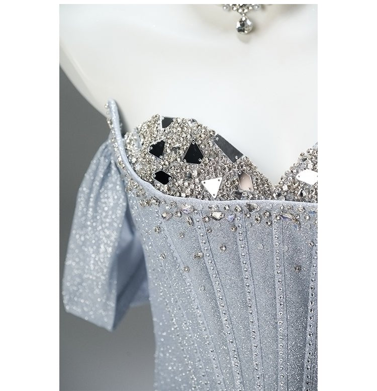 Silver Glitter Off - Shoulder Evening Dress with Corset Bodice – Designer Sequin Gown with Sweetheart NecklinePlus Size - WonderlandByLilian