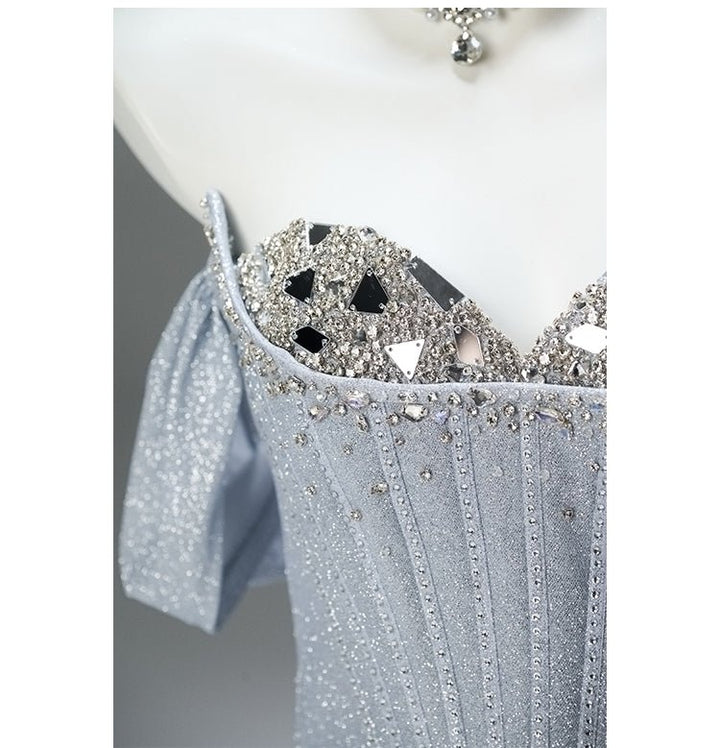 Silver Glitter Off - Shoulder Evening Dress with Corset Bodice – Designer Sequin Gown with Sweetheart NecklinePlus Size - WonderlandByLilian