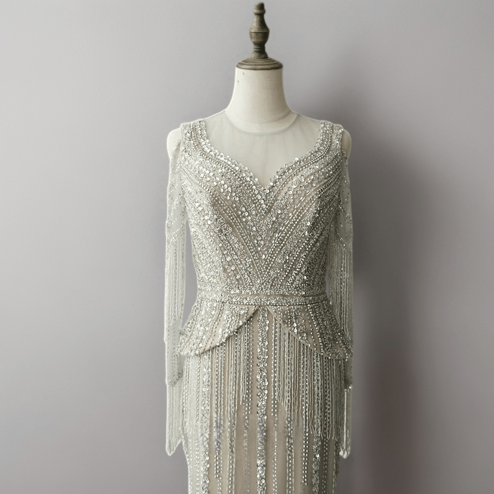 Silver Grey Beaded Long Sleeve Evening Dress and Pretty Sequin Dress - Elegant Tulle Formal Gown Plus Size Silver Grey Beaded Long Sleeve Evening Dress and Pretty Sequin Dress - Elegant Tulle Formal Gown Plus Size