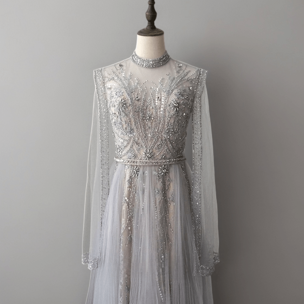 Silver Grey Beaded Long Sleeve Evening Dress and Pretty Sequin Dress - Elegant Tulle Formal Gown Plus Size Size 6 / Grey Silver Grey Beaded Long Sleeve Evening Dress and Pretty Sequin Dress - Elegant Tulle Formal Gown Plus Size Size 6 / Grey