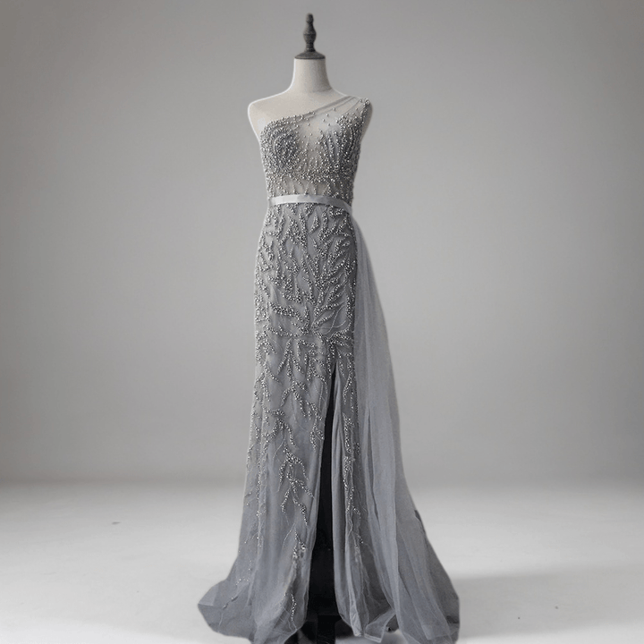 Silver Grey Elegance Sequin Evening Gown - Convertible Grey Evening Dress Plus Size - WonderlandByLilian