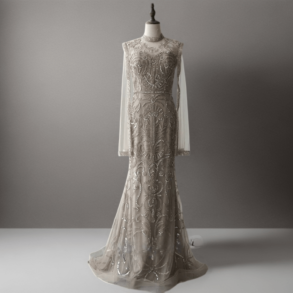 Silver Grey Embellished Long Sleeve Dress - Pretty Sequin Dress - Elegant Beaded High Neck Evening Gown Plus Size - WonderlandByLilian