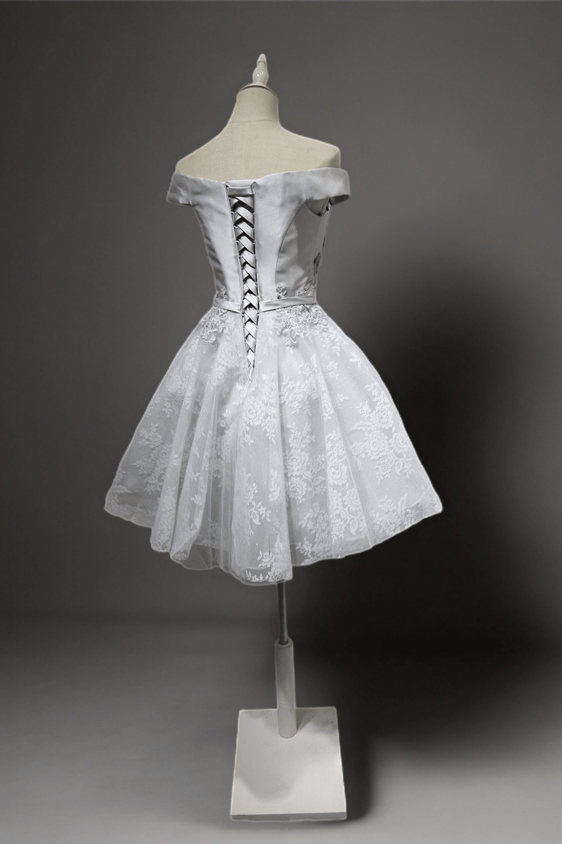 Silver Grey Floral Off-Shoulder Wedding Party Dress - Embroidered Satin and Tulle Dress - Elegant Corset Bridal Gown Plus Size - WonderlandByLilian