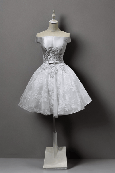 Silver Grey Floral Off-Shoulder Wedding Party Dress - Embroidered Satin and Tulle Dress - Elegant Corset Bridal Gown Plus Size - WonderlandByLilian