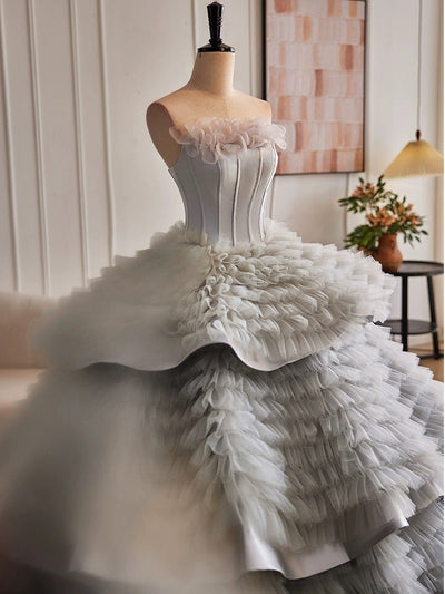 Silver Grey Layered Tulle Party Dress - Grey Corset Back Wedding Dress Plus Size - WonderlandByLilian