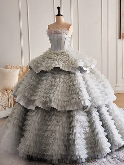 Silver Grey Layered Tulle Party Dress - Grey Corset Back Wedding Dress Plus Size - WonderlandByLilian