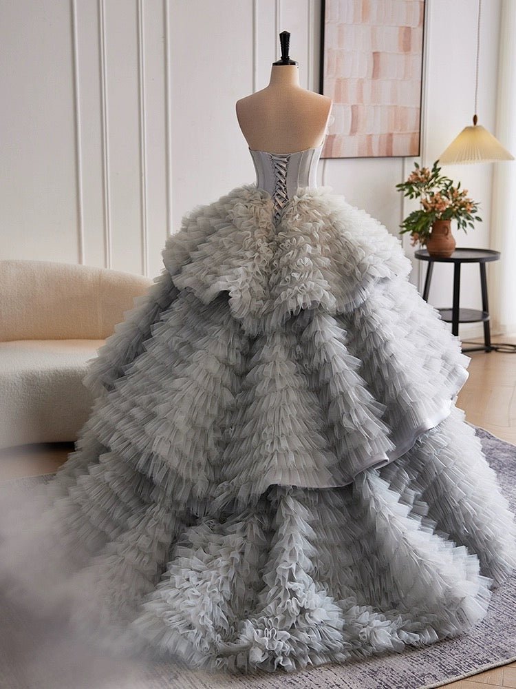 Silver Grey Layered Tulle Party Dress - Grey Corset Back Wedding Dress Plus Size Size 16W / Gray Silver Grey Layered Tulle Party Dress - Grey Corset Back Wedding Dress Plus Size Size 16W / Gray