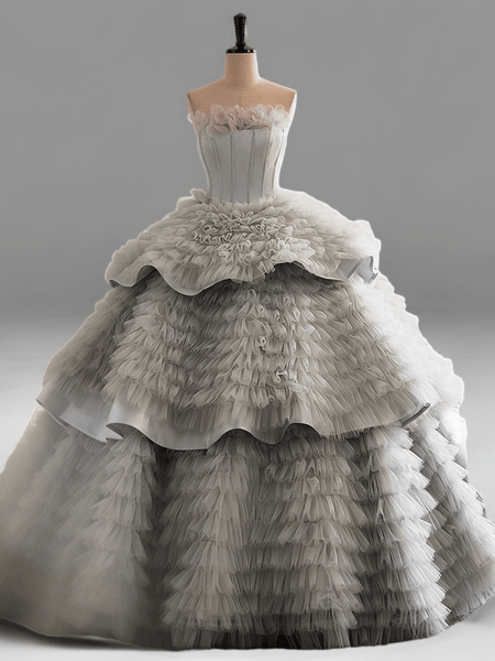 Silver Grey Layered Tulle Party Dress