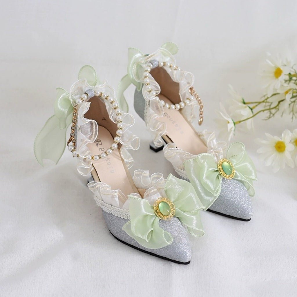 Silver Lolita Vintage Shoes with Rhinestone Bow and Pearl - Lolita Heels with Tulle and Lace - WonderlandByLilian