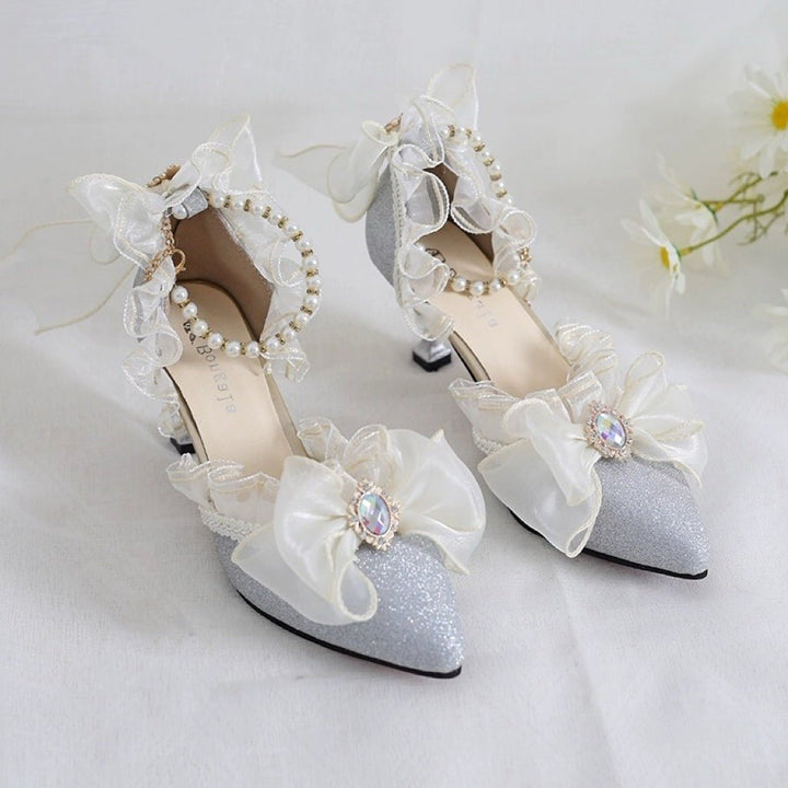 Silver Lolita Vintage Shoes with Rhinestone Bow and Pearl - Lolita Heels with Tulle and Lace - WonderlandByLilian