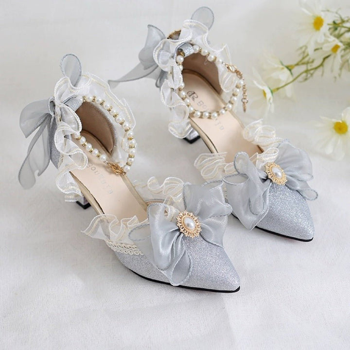 Silver Lolita Vintage Shoes with Rhinestone Bow and Pearl - Lolita Heels with Tulle and Lace - WonderlandByLilian