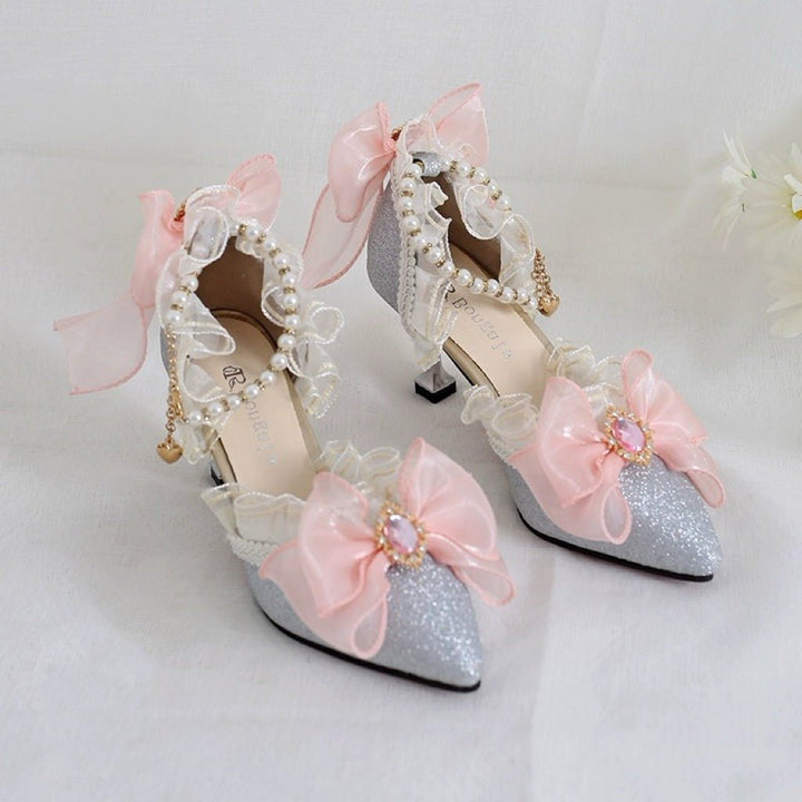 Silver Lolita Vintage Shoes with Rhinestone Bow and Pearl - Lolita Heels with Tulle and Lace - WonderlandByLilian