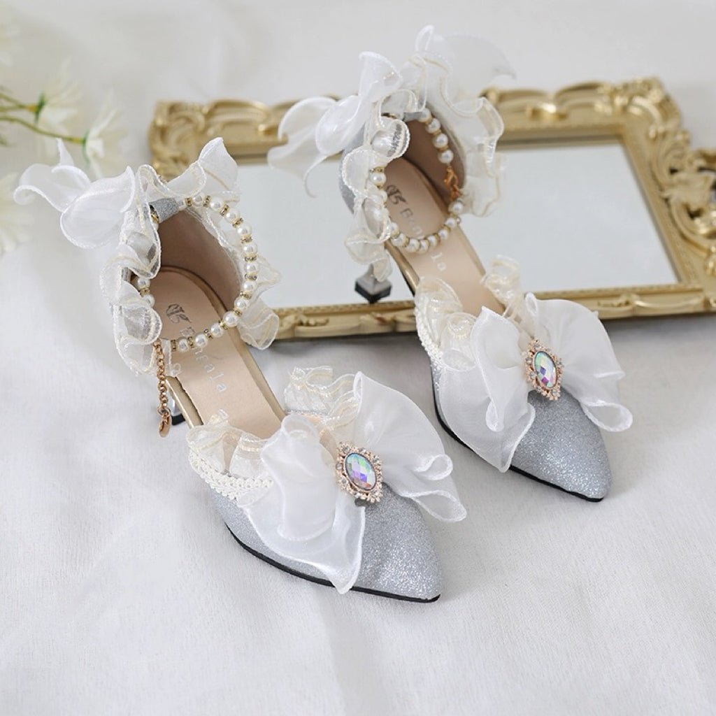 Silver Lolita Vintage Shoes with Rhinestone Bow and Pearl - Lolita Heels with Tulle and Lace - WonderlandByLilian