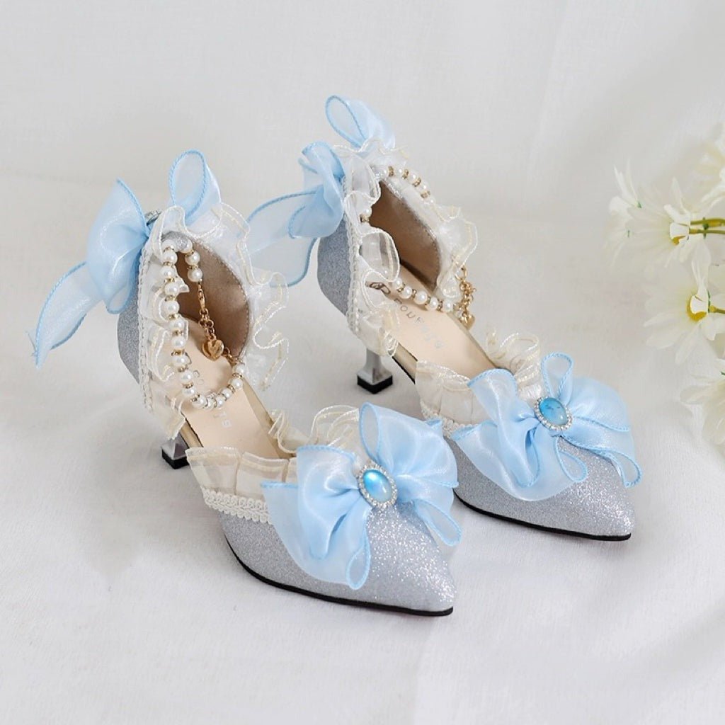 Silver Lolita Vintage Shoes with Rhinestone Bow and Pearl - Lolita Heels with Tulle and Lace - WonderlandByLilian