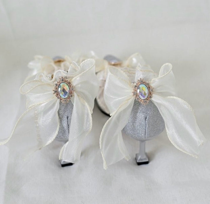 Silver Lolita Vintage Shoes with Rhinestone Bow and Pearl - Lolita Heels with Tulle and Lace - WonderlandByLilian