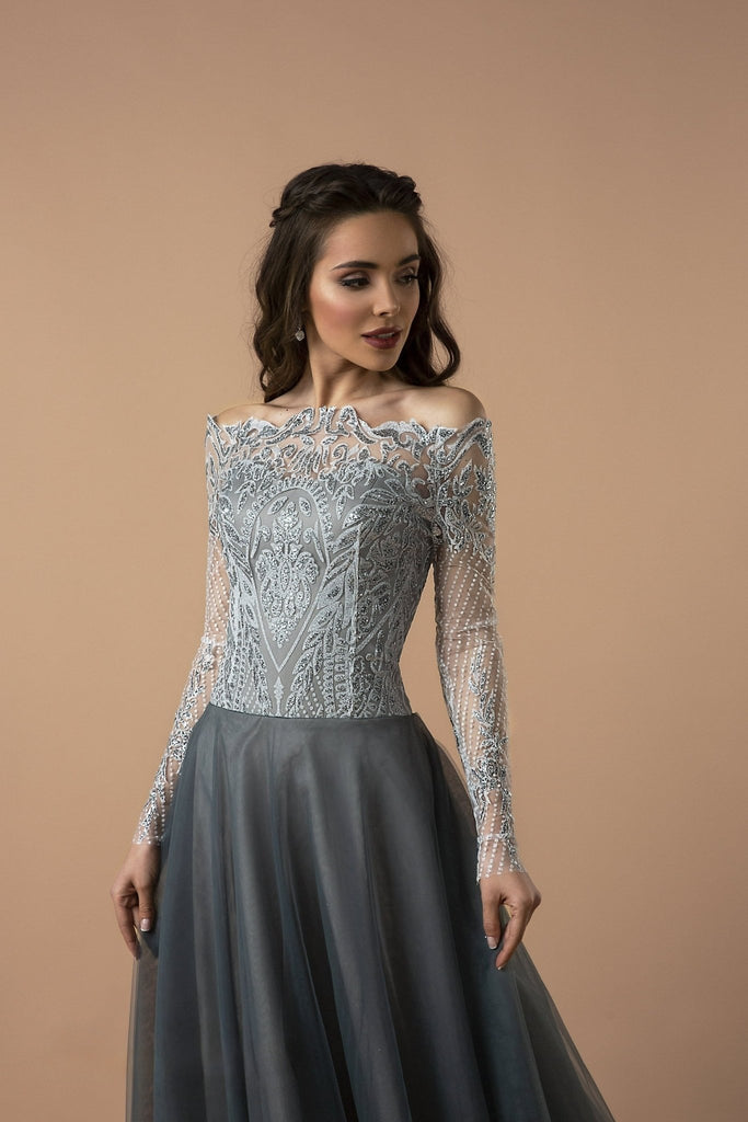 Silver Moonlight Off-Shoulder Lace-Embellished Gown with Sheer Long Sleeves