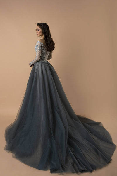 Silver Moonlight Off-Shoulder Lace-Embellished Gown with Sheer Long Sleeves - Majestic Grey Wedding Dress Plus Size - WonderlandByLilian