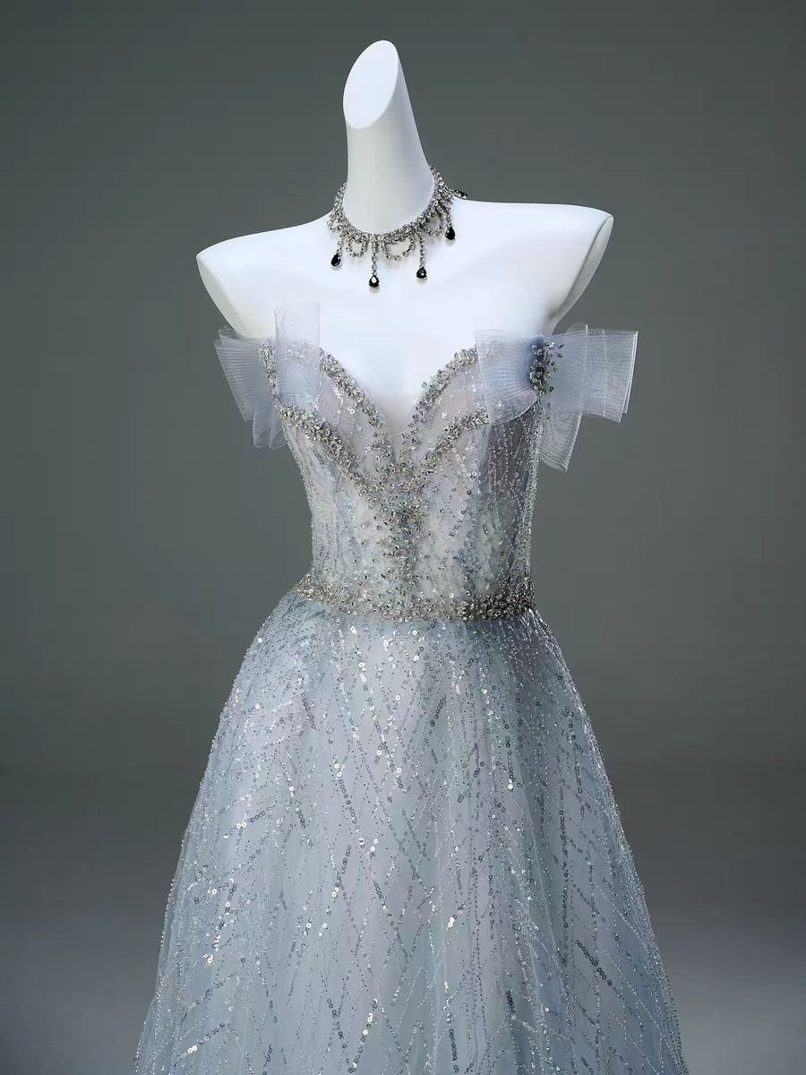 Silver Off - the - Shoulder Glittering Evening Gown - Plus Size Whimsical Fairy Inspired Dress - WonderlandByLilian