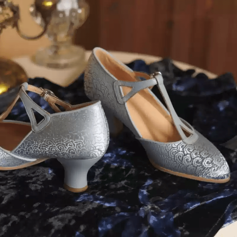 "Silver Petal Waltz" – Handmade Embroidered Satin T - Strap Heels - WonderlandByLilian