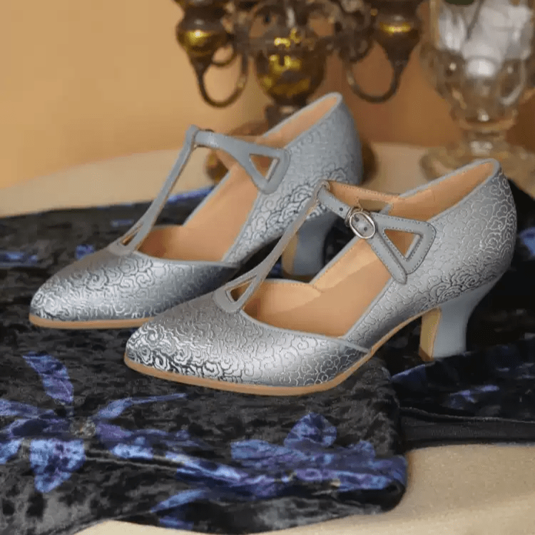 silver dress shoes low heel Silver Petal Waltz – Handmade Embroidered Satin T-Strap Heels US 6.5 (EUR 37)