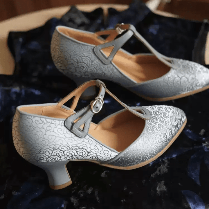 "Silver Petal Waltz" – Handmade Embroidered Satin T - Strap Heels - WonderlandByLilian