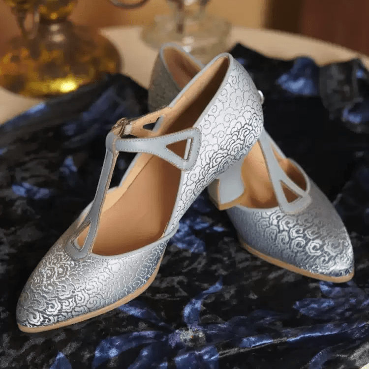 "Silver Petal Waltz" – Handmade Embroidered Satin T - Strap Heels - WonderlandByLilian