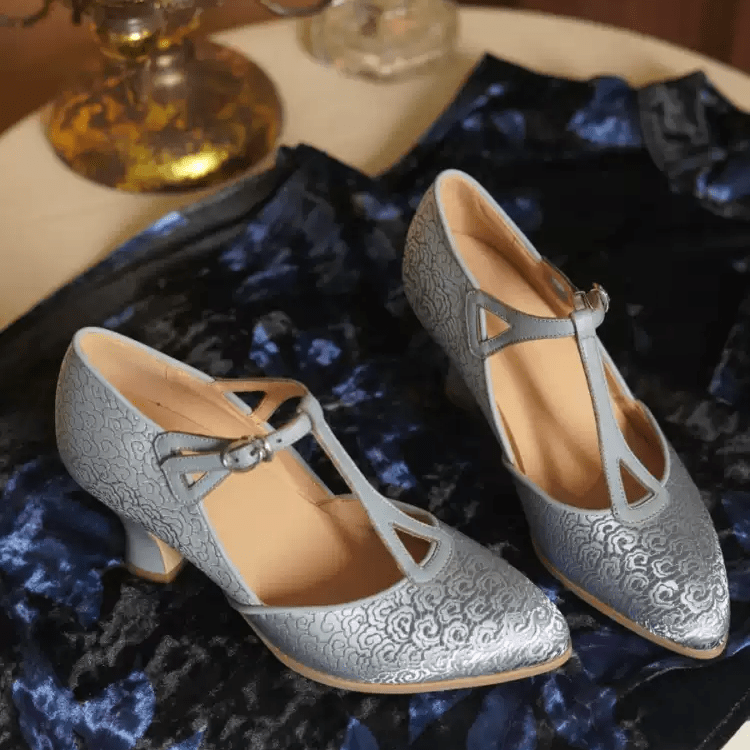 "Silver Petal Waltz" – Handmade Embroidered Satin T - Strap Heels - WonderlandByLilian