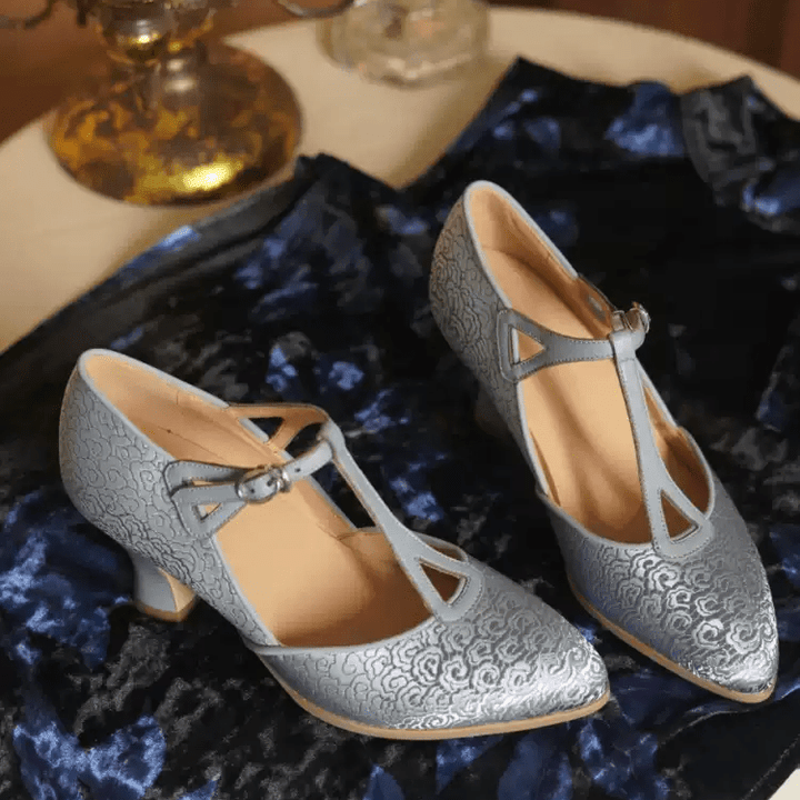 "Silver Petal Waltz" – Handmade Embroidered Satin T - Strap Heels - WonderlandByLilian