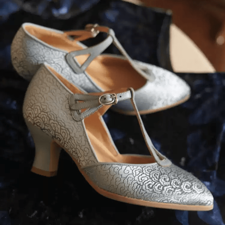 "Silver Petal Waltz" – Handmade Embroidered Satin T - Strap Heels - WonderlandByLilian