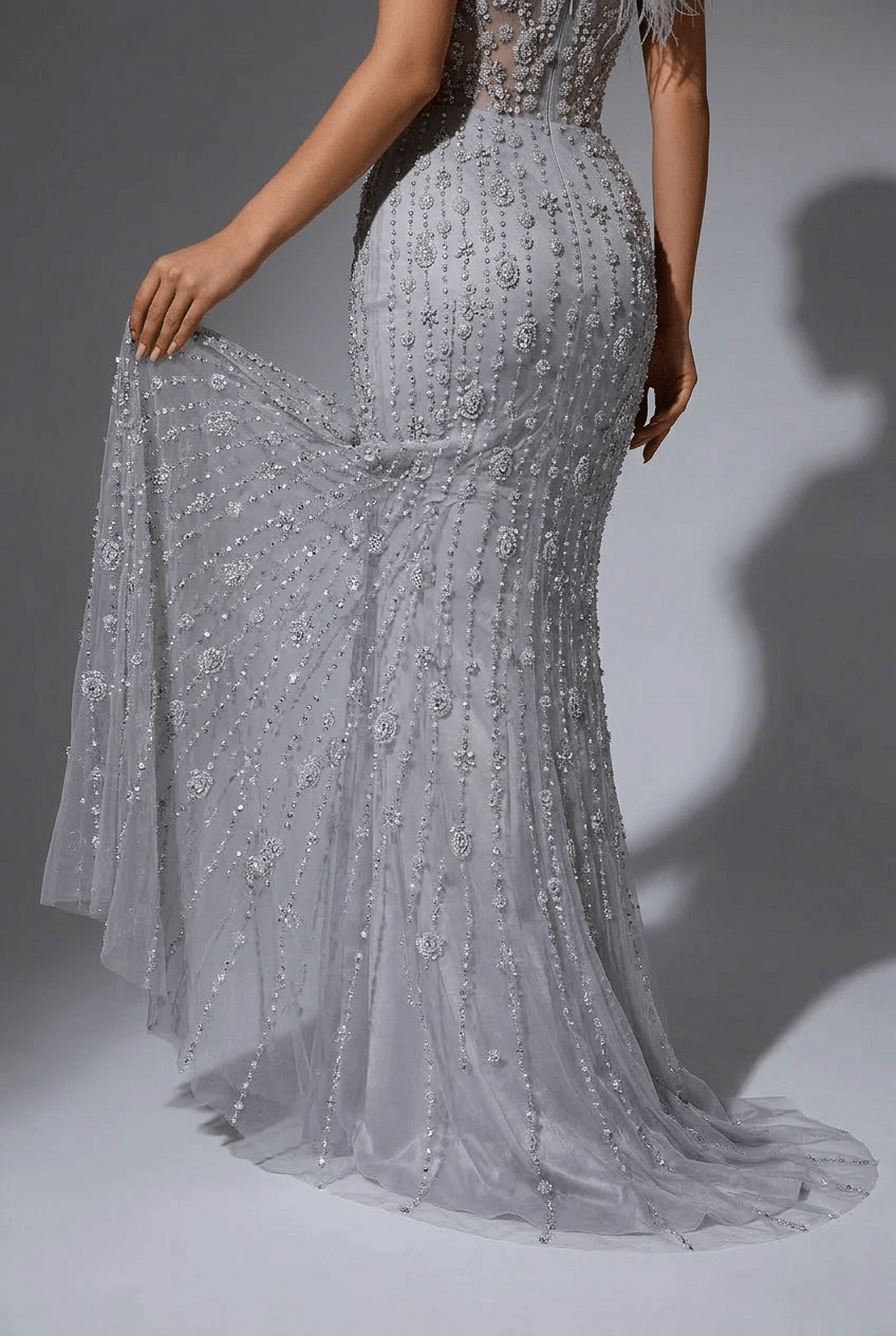Silver Sequin and Feather Dress – One Shoulder Embellished Gown with Slit Plus Size - WonderlandByLilian
