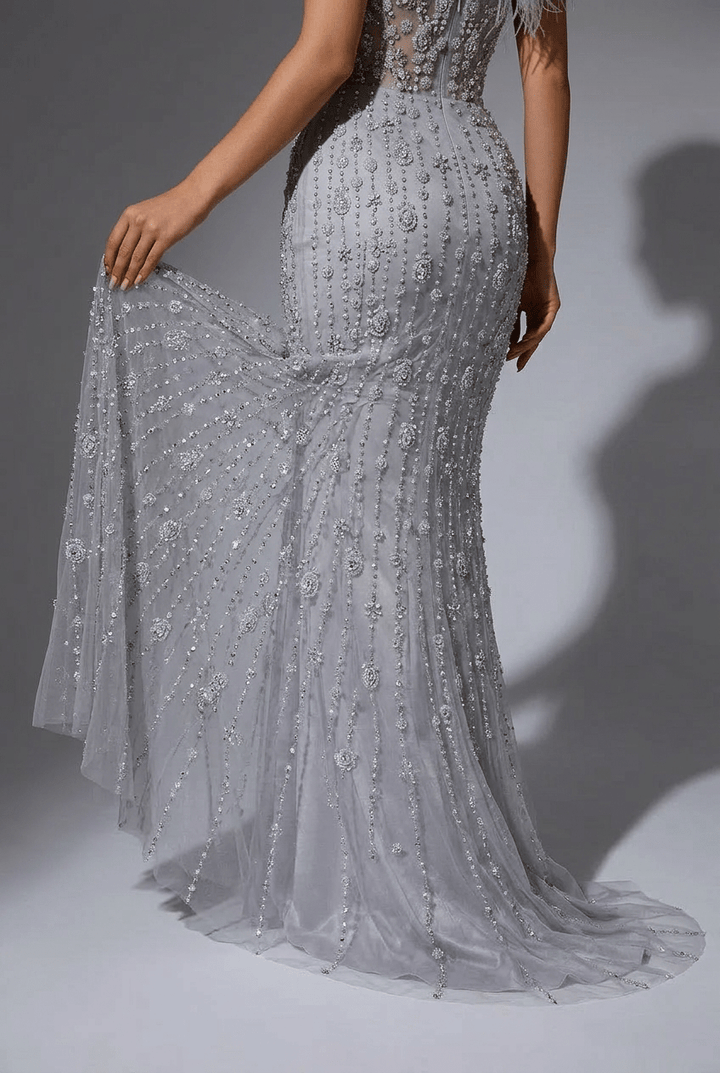 Silver Sequin and Feather Dress – One Shoulder Embellished Gown with Slit Plus Size - WonderlandByLilian