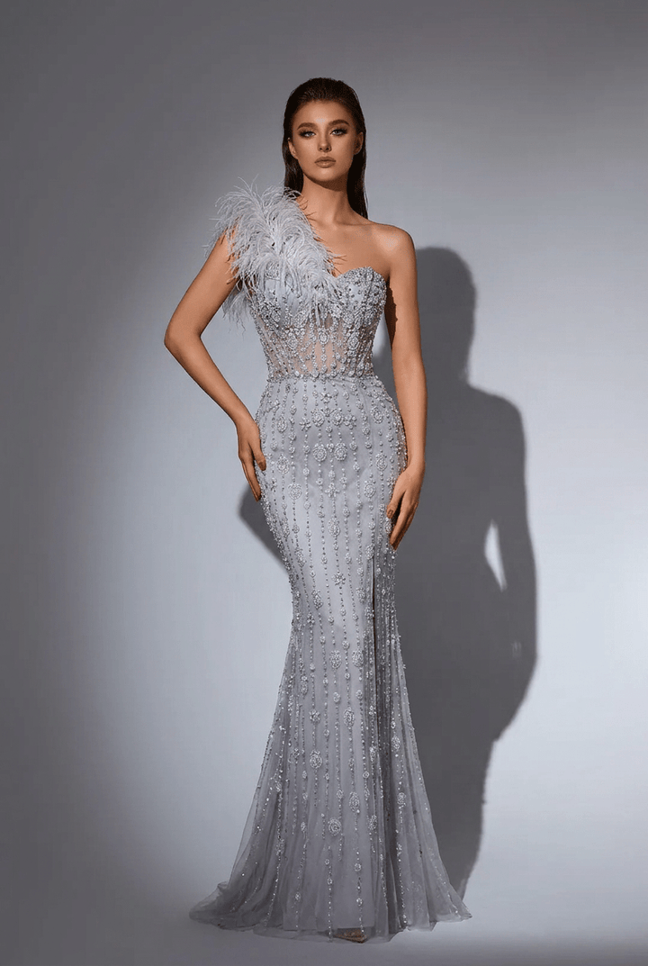 Silver Sequin and Feather Dress – One Shoulder Embellished Gown with Slit Plus Size - WonderlandByLilian