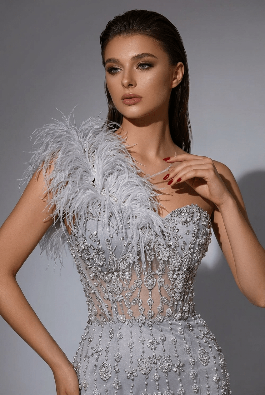 Silver Sequin and Feather Dress – One Shoulder Embellished Gown with Slit Plus Size - WonderlandByLilian
