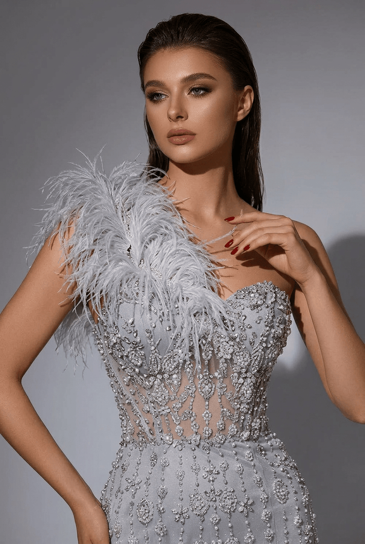 Silver Sequin and Feather Dress – One Shoulder Embellished Gown with Slit Plus Size - WonderlandByLilian