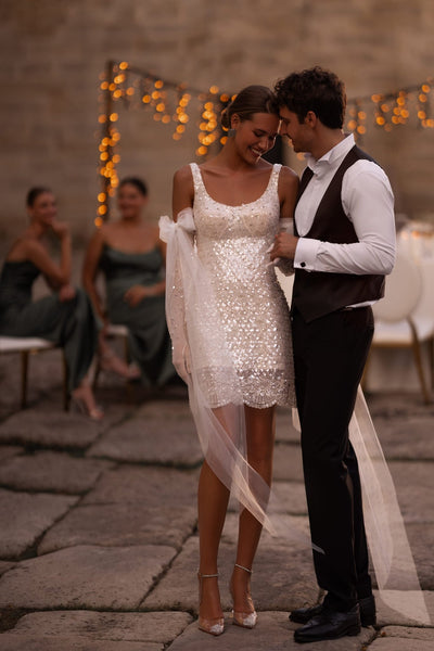 Silver Sequin Cocktail Bridal Dress - Short Wedding Dress Plus Size - WonderlandByLilian